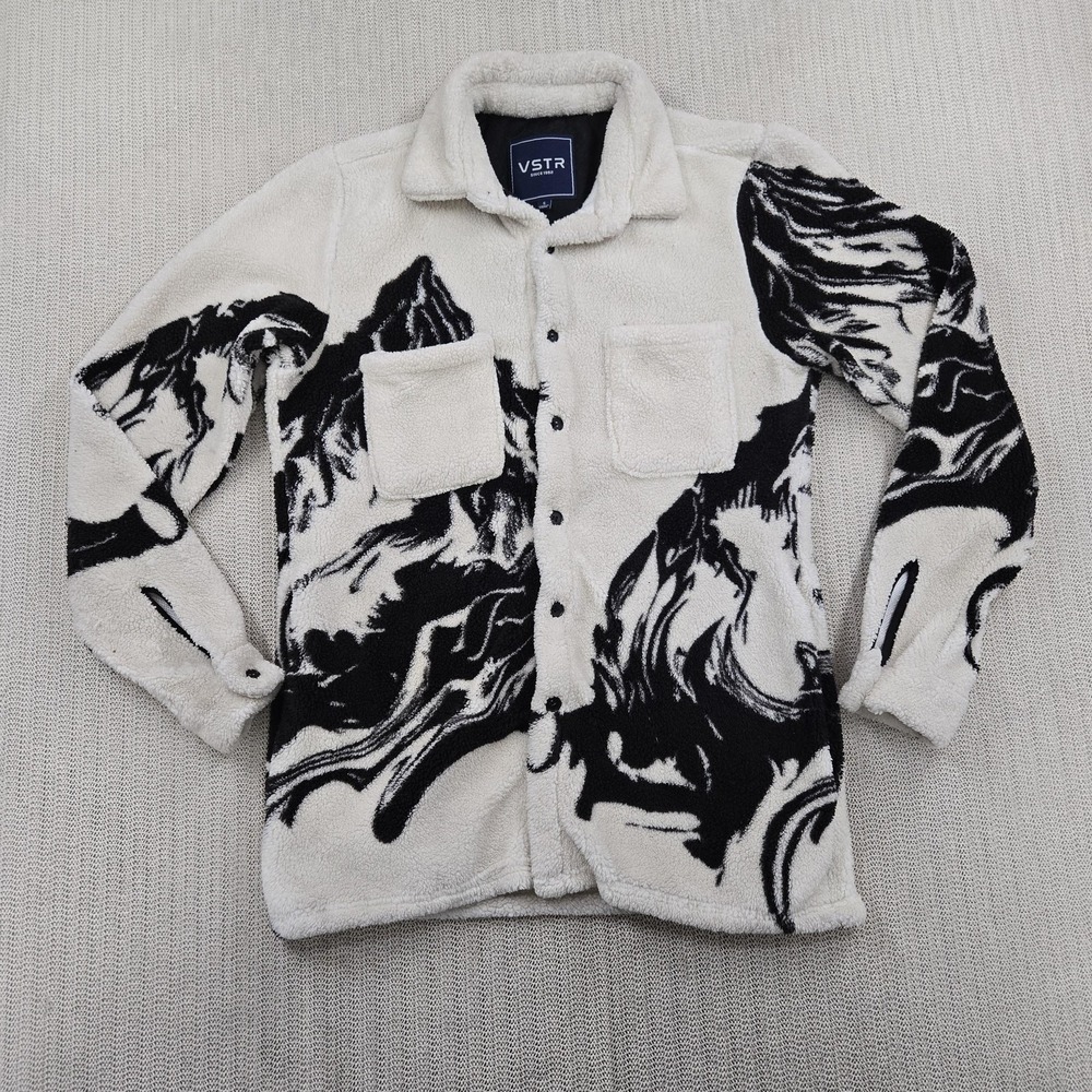 VSTR Jacket Mens Small White Black Fleece Shirt Jacket Mountain Scene Graphic